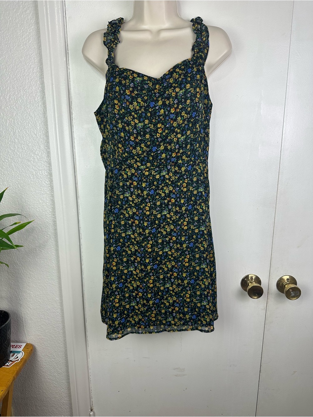 Lush Black Floral Mini Dress with Yellow and Blue Blooms
